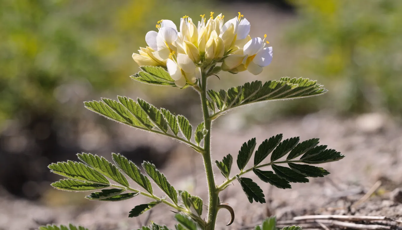 Flowering Astragalus membranaceus plant displaying feathery leaves and pale yellow pea-like floral clusters.
