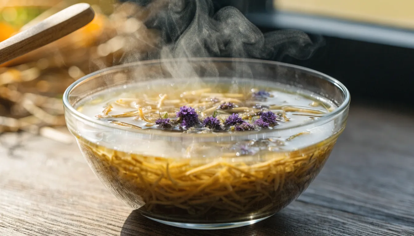 Simmering chicken broth pot infused with dried astragalus root slices, ginger, and mushrooms.