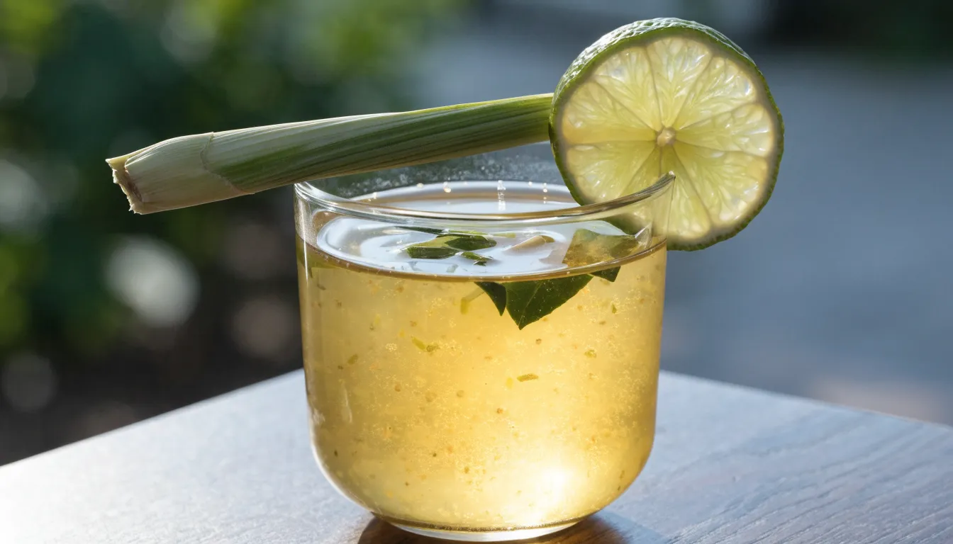 Warm cup of golden brewed lemongrass herbal tea served with a sliced lime wheel and fresh stalk.