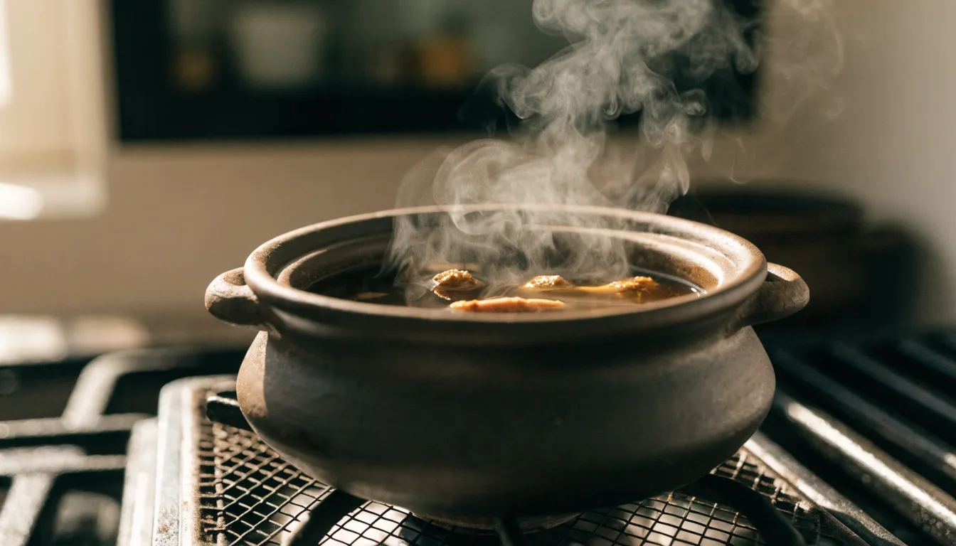 Traditional dark ceramic pot simmering a rich Chinese herbal decoction on a stovetop.