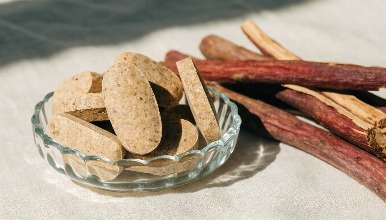 DGL licorice chewable tablets in a small dish next to natural licorice root sticks.