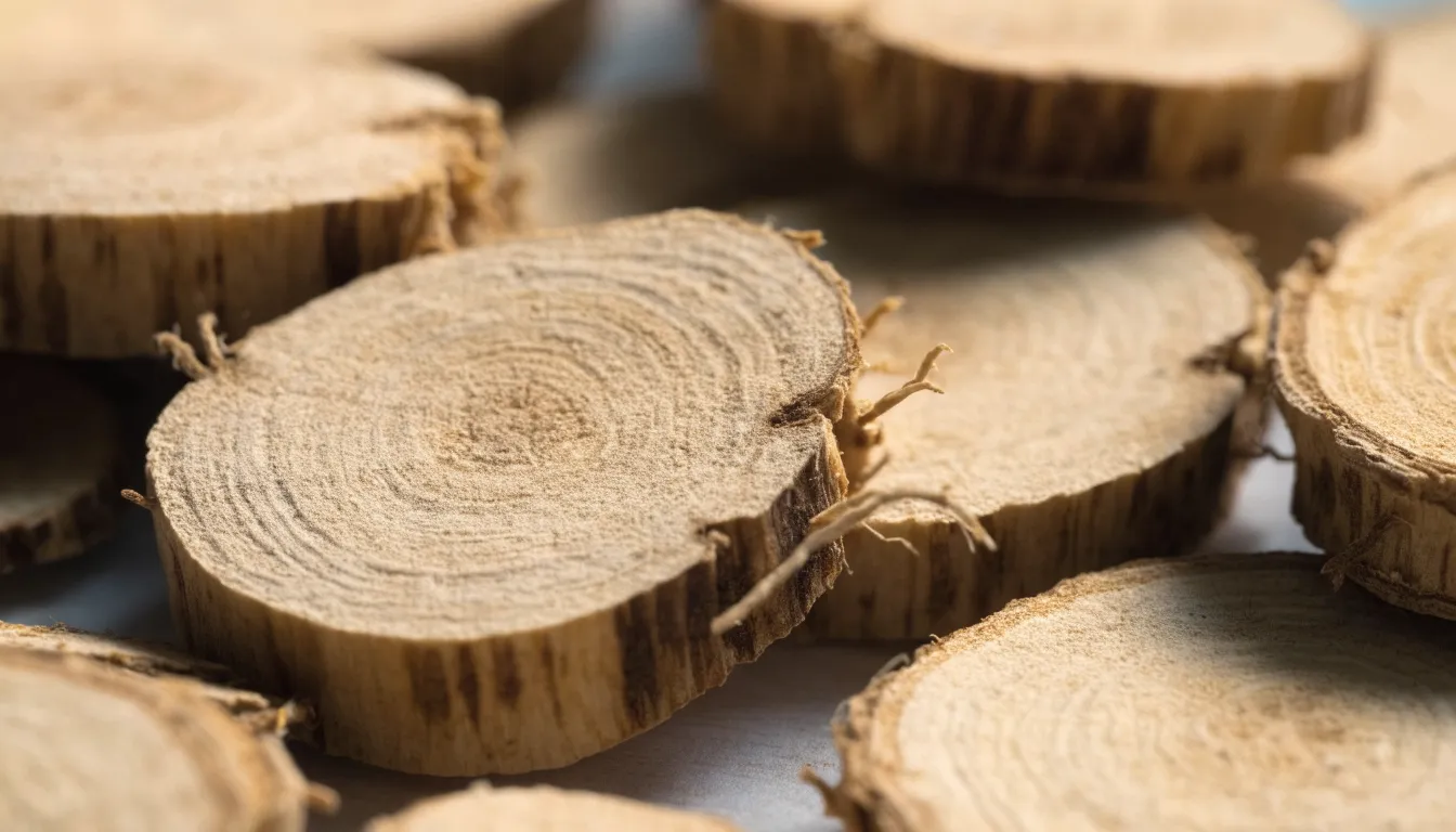 Dried astragalus root slices showing yellowish-brown outer layer and fibrous core used in herbal medicine.