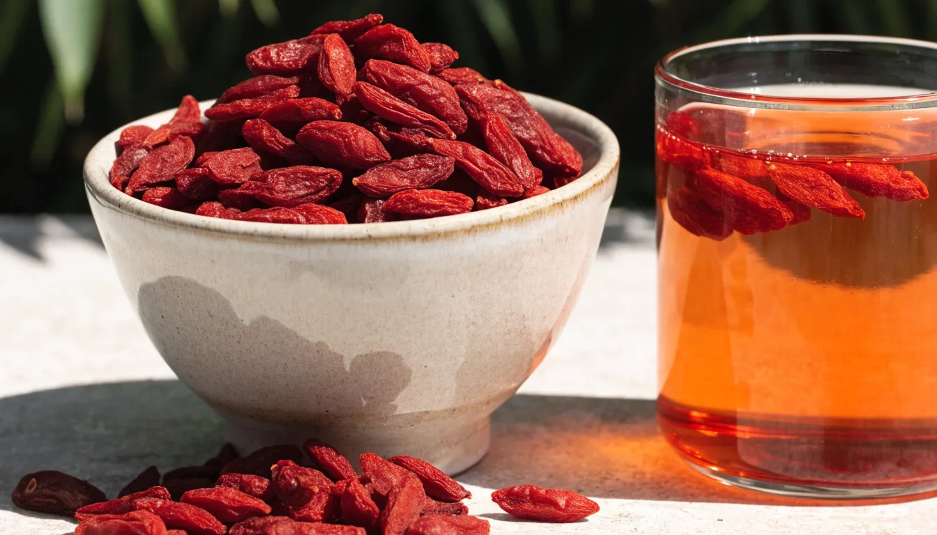 Dried red goji berries in a ceramic bowl alongside a warm cup of herbal goji tea.