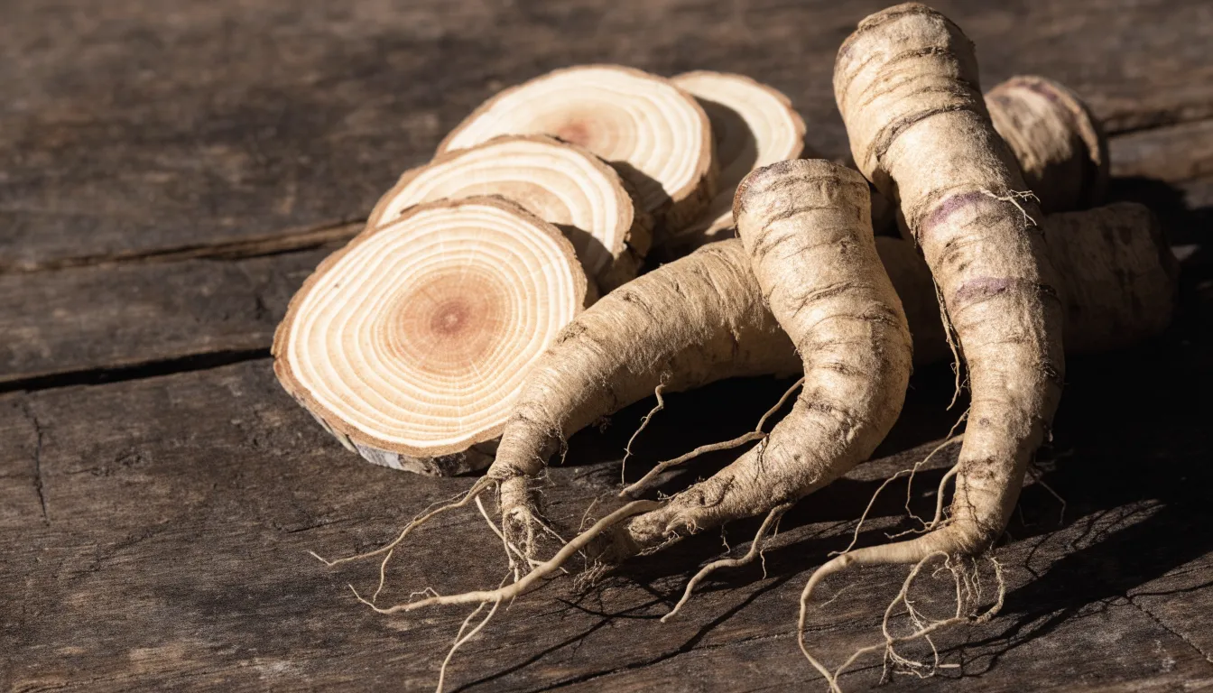 Whole and sliced dried Panax ginseng roots displayed on a wooden surface for TCM herbal preparation.