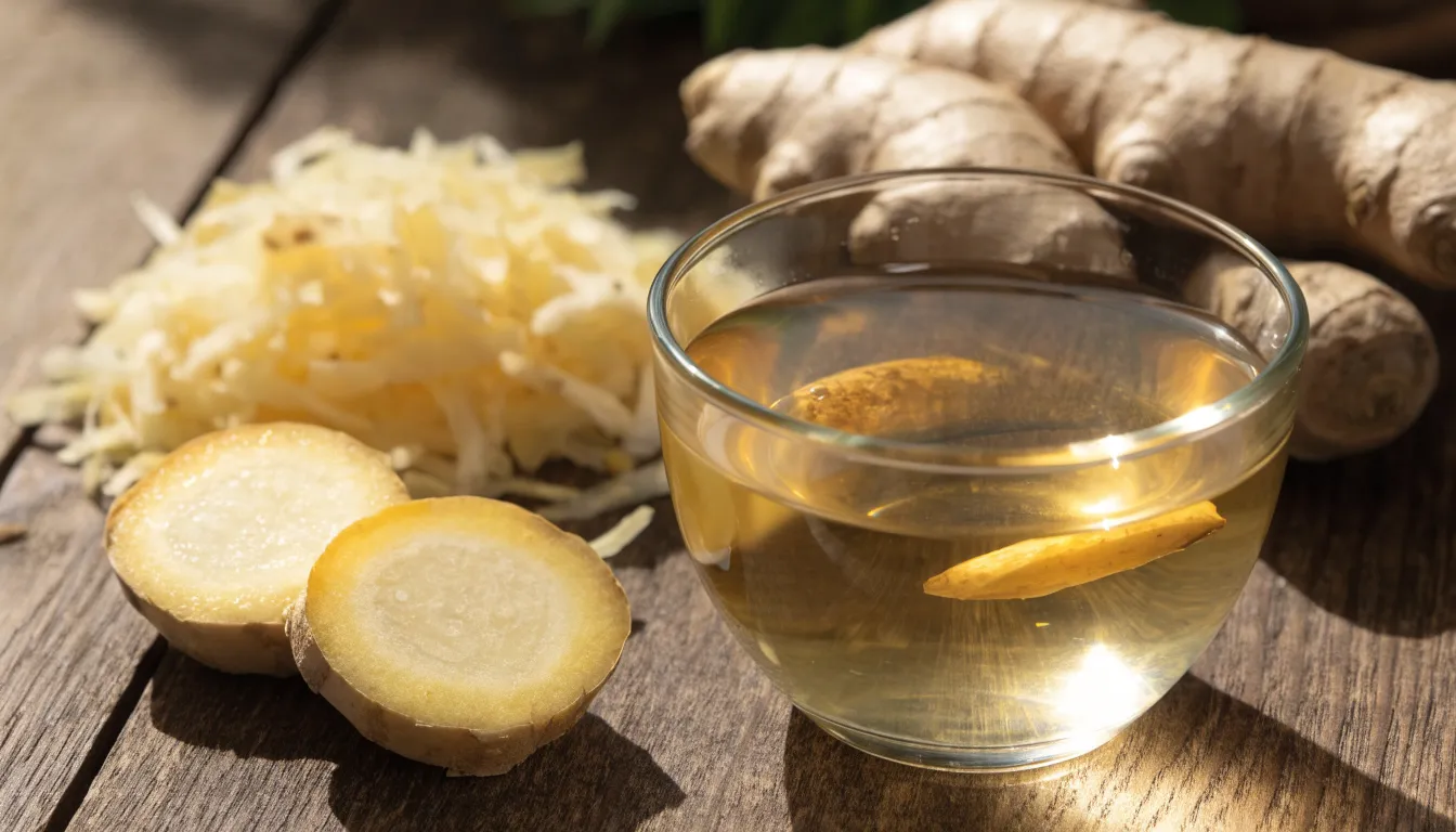 Freshly sliced ginger root next to a warm glass cup of homemade ginger tea for acid reflux.
