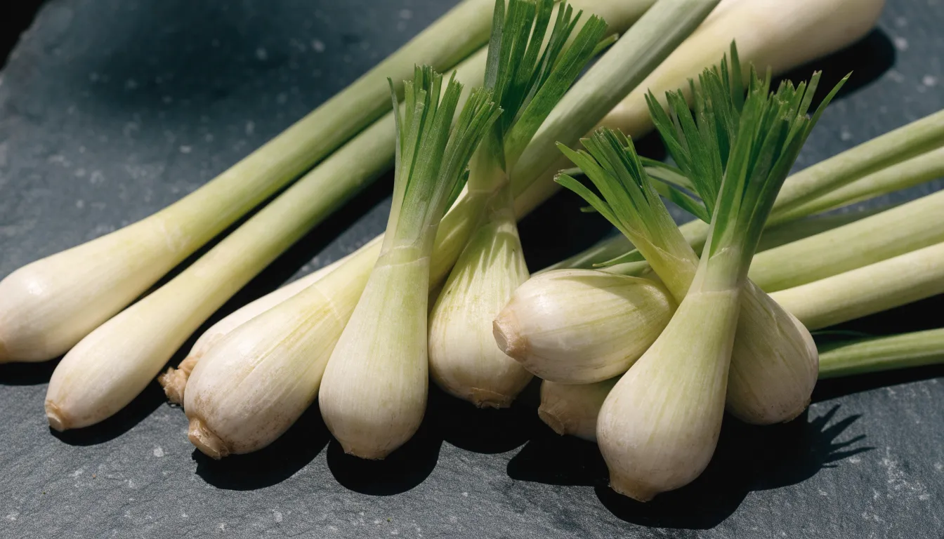 Freshly harvested culinary lemongrass stalks with pale bulbous stems resting on slate.