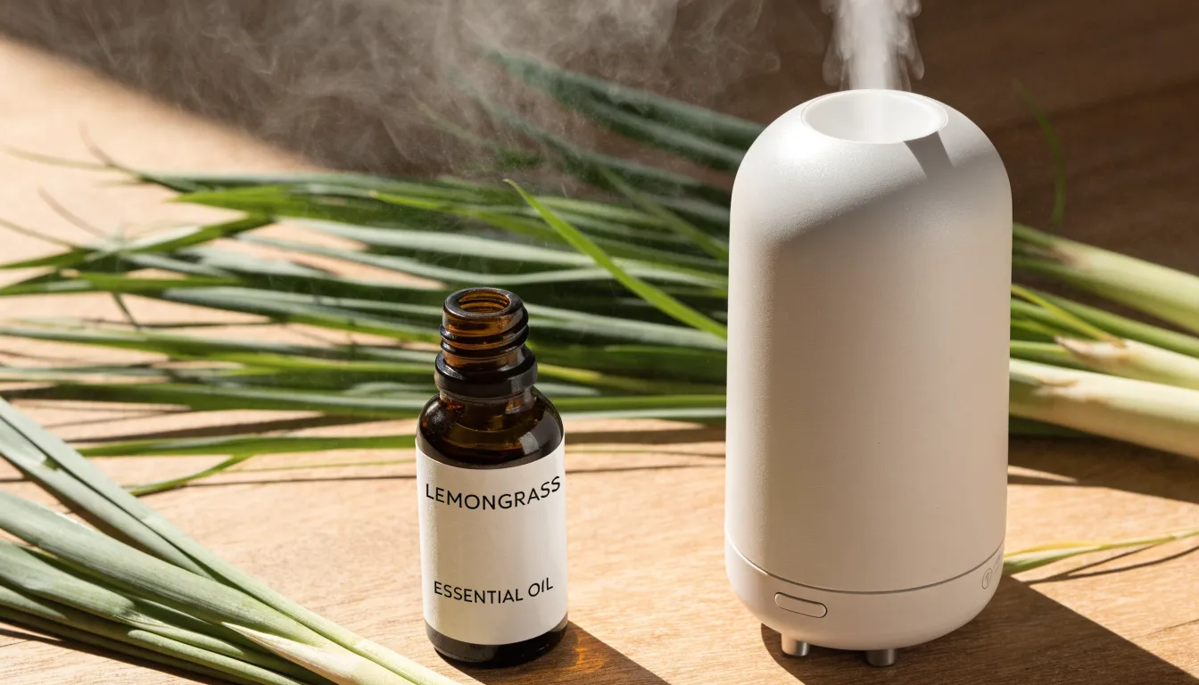 Amber glass dropper bottle of lemongrass essential oil next to an ultrasonic diffuser.
