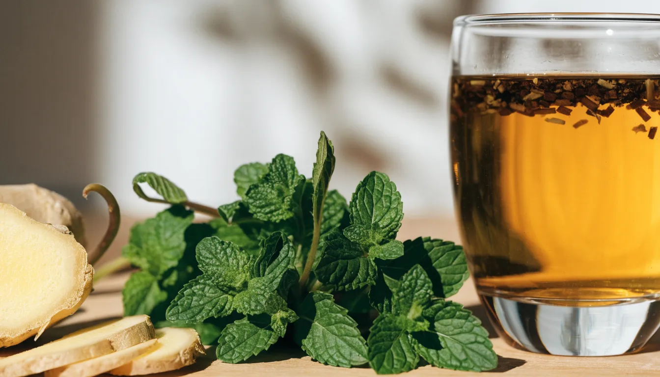 Fresh peppermint leaves, sliced ginger root, and hot herbal tea for digestive relief.