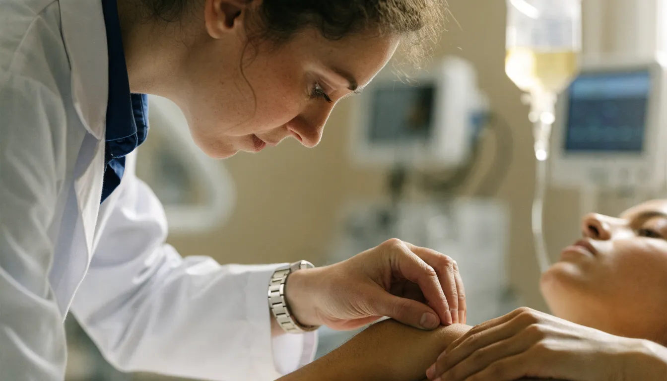 Traditional Chinese Medicine practitioner performing wrist pulse diagnosis on a patient in a clinic.